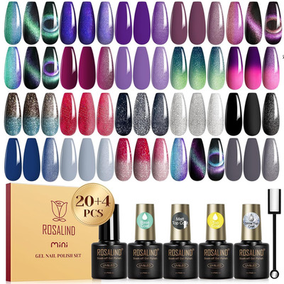 24PCS Cat Eye Gel Nail Polish Set with Glitter Glossy Matte Top Coat Base Coat, 