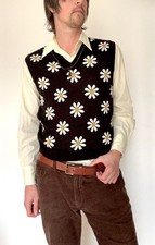 Mens 60s 70s Retro Floral V Neck Jumper - Vintage style Vest Mod indie Tank Top