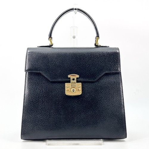 GUCCI Vintage Lady Lock Hand Bag Top Handle Leather Black Authentic