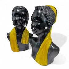 Vintage Paoli African Male Female Chalkware 5" Busts, Yellow Scarf Earrings