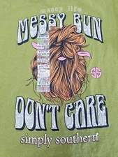 Simply Southern Shirt Youth M Green Messy Bun Don't Care Long Sleeve Girl NEW g