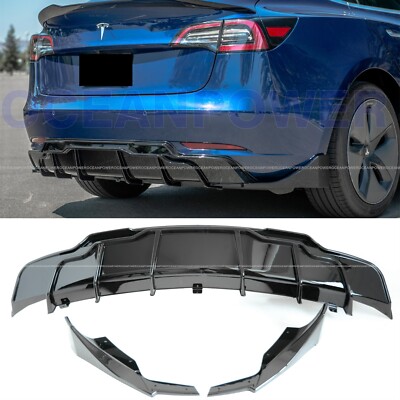 Fits 2017-2022 Tesla Model 3 Rear Bumper Lip Diffuser+Extension 3PC Glossy Black
