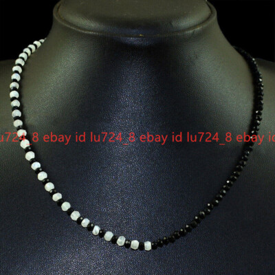 Faceted 3mm Round Black Spinel & 2x4mm Rondelle White Jade Gems Necklace 18'' AA