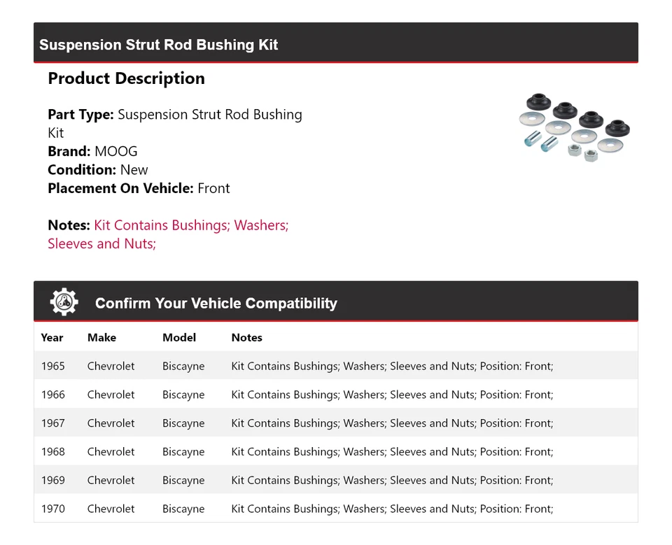 For 1965-1970 Chevrolet Biscayne Suspension Strut Rod Bushing Kit Front MOOG - Image 2 of 4