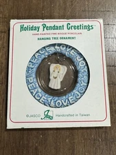Vtg Jasco Holiday Pendant Greetings Bisque Porcelain Ornament Angel Wreath NIB