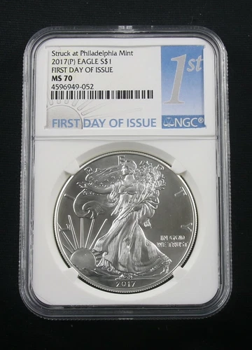 2017 (P) SILVER EAGLE STRUCK AT PHILADELPHIA MINT NGC MS 70 FIRST DAY OF ISSUE