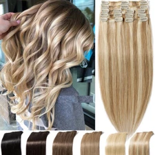 Highlight US 18Clips 8PCS Weft Clip In Remy Real Human Hair Extensions Full Head