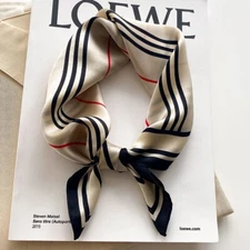 100% Silk 20'' Scarf Bandana Women Vintage Beige Striped Headband Kerchief Wrap