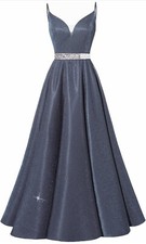 Prom Dress Long V-Neck Spaghetti Beaded Belt Prom Dress Size 8