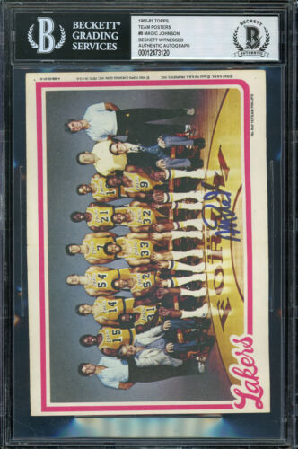 Lakers Magic Johnson Signed 5x7 1980 Topps Team Posters #8 Card BAS Slabbed - Picture 1 of 2