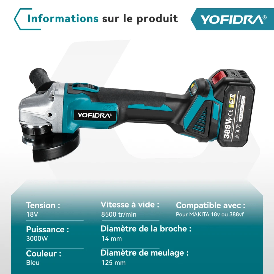 Meuleuse d'angle sans fil 125mm Meuleuse à tronçonner avec 2 batteries - Photo 2/4