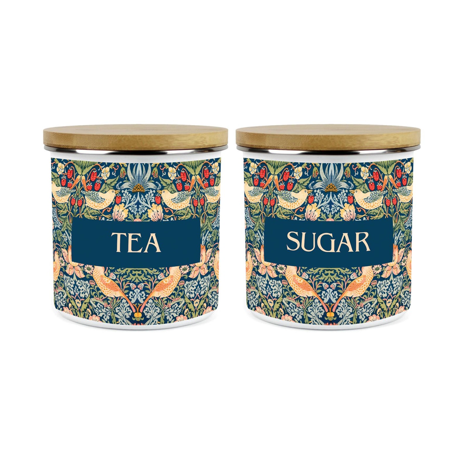 Blue Strawberry Thief Tea & Sugar Storage Canisters - Enamel & Bamboo  Jars Set