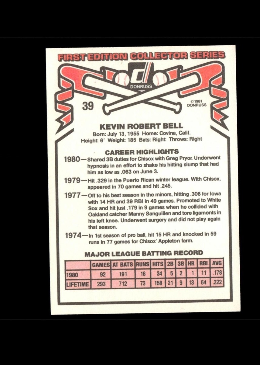 Kevin Bell 1981 Donruss Baseball Card #39 Chicago White Sox | eBay