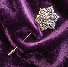 Handmade Silver metal tone decorative flower lapel pin Goth Vampire Wedding Larp