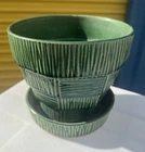 Vintage McCoy USA Green Ribbed Ceramic Art Pottery Planter w/ Attached Saucer