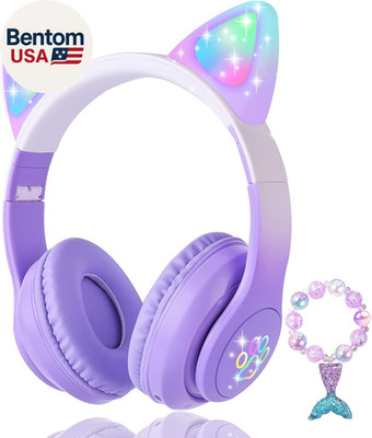 Cat Ear Kids Headphones Bluetooth, LED Light up Wireless/Wired Mode over Ear Hea