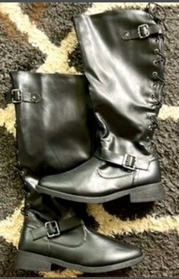 Womens Sizez 6.5 Tall Lace Up Side Zipper Black Boots Strap And Buckle Details