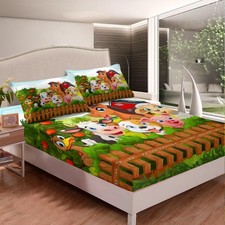 Kids Cartoon Fitted Sheet Toddler Cute Farm Animals Bed Sheet Set Cattle Shee...