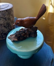 Vintage Hand Carved Wooden Bird Sculpture on Natural Wood Base Folk Art