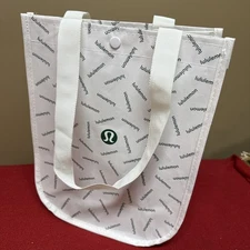 Lululemon Reusable Small Shopping Tote Bag White Green 9.25X11X4.5” Snap Closure