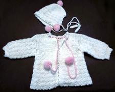 Vintage Doll or Infant White Knitted Sweater  Bonnet 11" Length Handmade