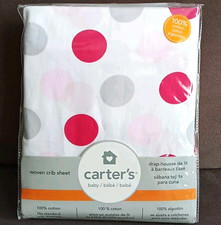 Carter's Baby Woven Crib Sheet White with Pink  Gray Dots Cotton
