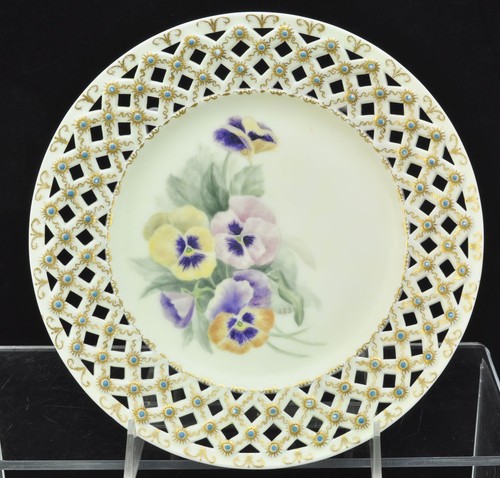 Antique Hand Painted Porcelain Pansy Floral Reticulated Cake Plate