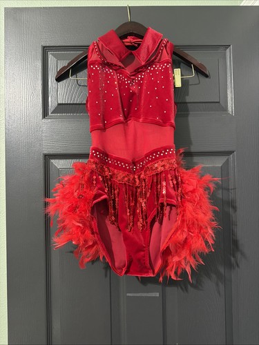 Weissman Elite Red Velvet Crystal Feather Fringe Jazz Tap Dance Costume AXS