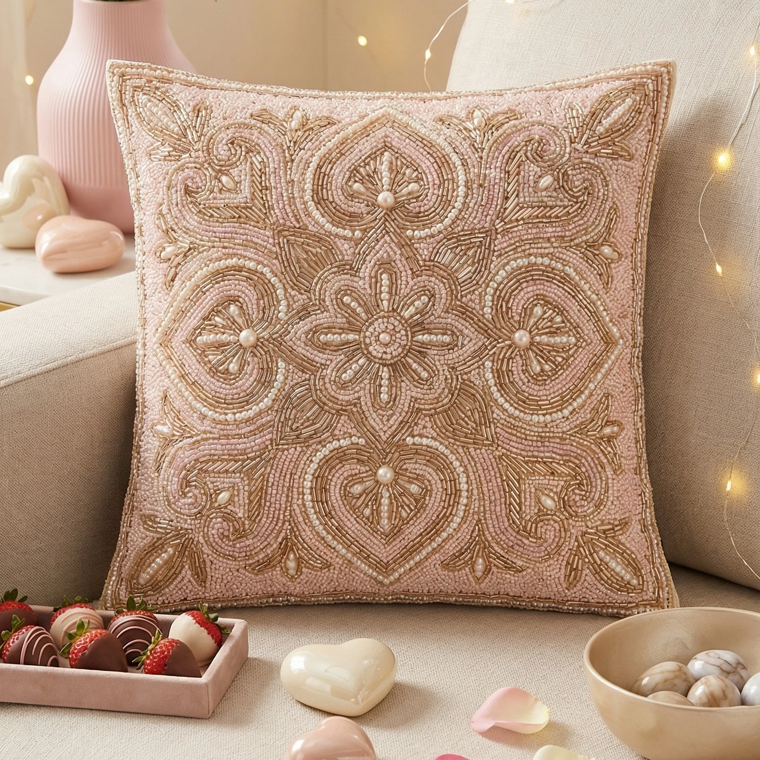 Handmade Beaded Heart Throw Pillow Cover, Elegant Blush Pink & Gold Decorative
Opens in a new window