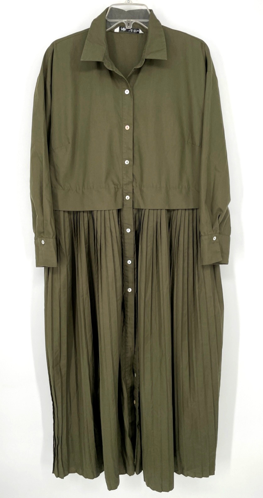 Zara womens size L Flared/Pleated Button Front midi Shirt Dress Olive green maxi