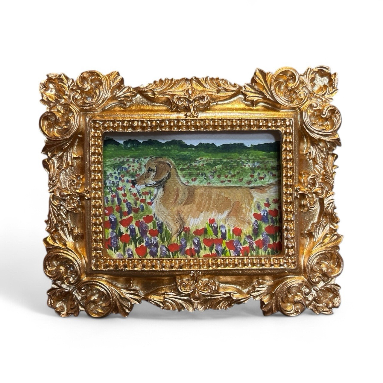 Red poppy landscape Golden retriever mini watercolor print in gold ornate frame