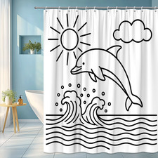 Dolphin Shower Curtain with Waves and Sun Design
