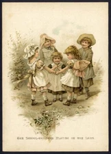 Victorian SCHOOL CHILDREN Playing in Garden 1900 CHROMOLITHOGRAPH Child Print