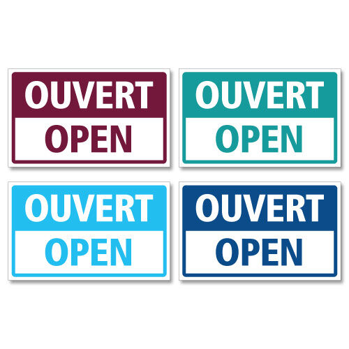 Red and blue sign in the window of a shop saying in French Ouvert, meaning  in English Open Stock Photo - Alamy