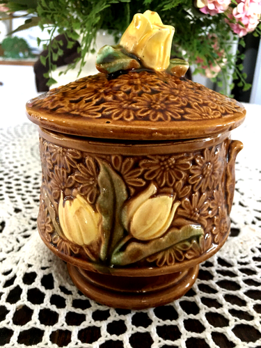 Vintage Ceramic Canister Jar/Lid 1970's Retro Brown Daisy & Yellow Tulips Japan