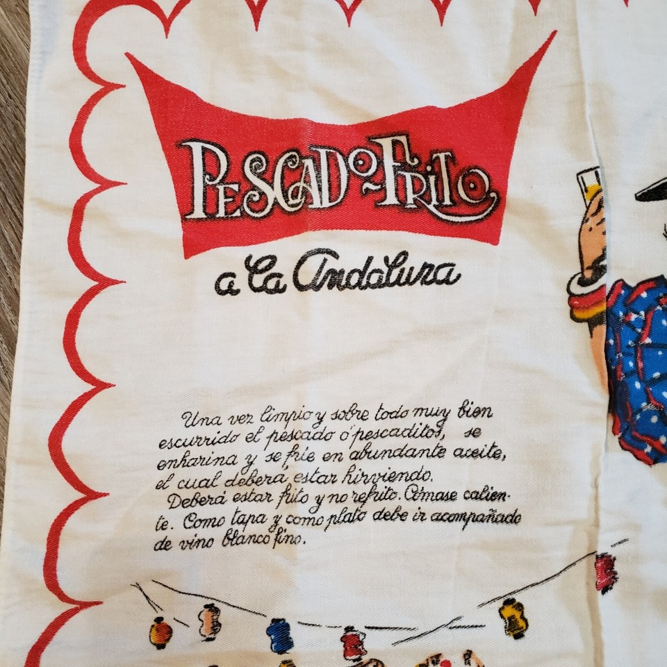3 Vintage Spanish Recipe Tea Kitchen Towels 21x23 in Cotton 60's70's