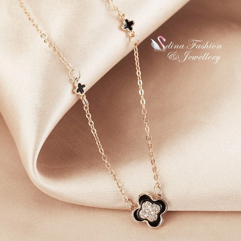 18K Rose Gold Filled Simulated Agate Cubic Zirconia Black 4 Leaf Clover Necklace - Image 2 of 4