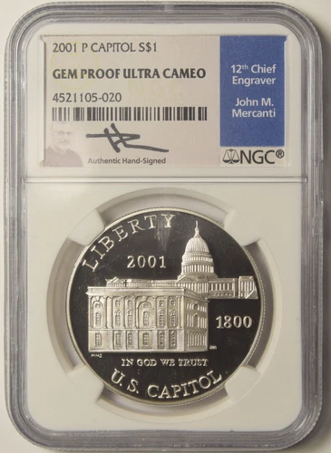2001-P Capitol Dollar NGC Gem Proof Ultra Cameo John M. Mercanti Autograph, 12th