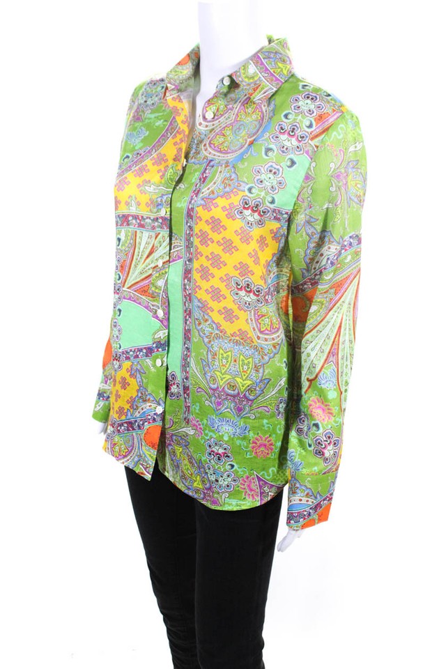 Hinson Wu Womens Paisley Collar Long Sleeved Buttoned Blouse Green