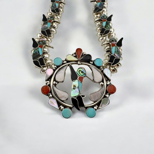 Magnificent Silver Zuni Hummingbird Multi-Gemstone Squash Blossom Style Necklace - Picture 2 of 8