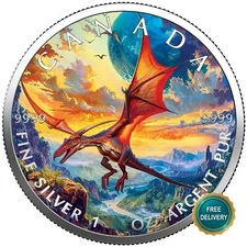 2024 1OZ Silver Canada Dinosaur Pterodactyl Holographic Colorized Cert. ONLY 100