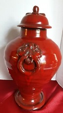 Collectible Red Ceramic Urn with Design on side and Decorated Lid 18" Tall