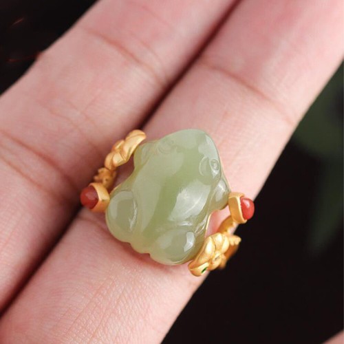 Green Women Jade Frog Rings Natural 925 Silver Adjustable Ring Jewelry Carved - Picture 3 of 6