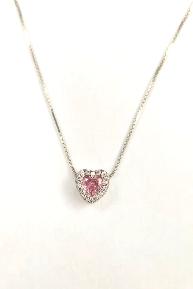 Collana catenina punto luce argento 925 con zircone rosa taglio CUORE  passante - Immagine 2 di 4