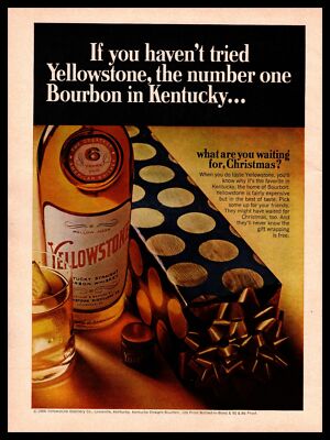 1966 Yellowstone Kentucky Bourbon Whiskey Christmas Wrapped Box Vintage Print Ad