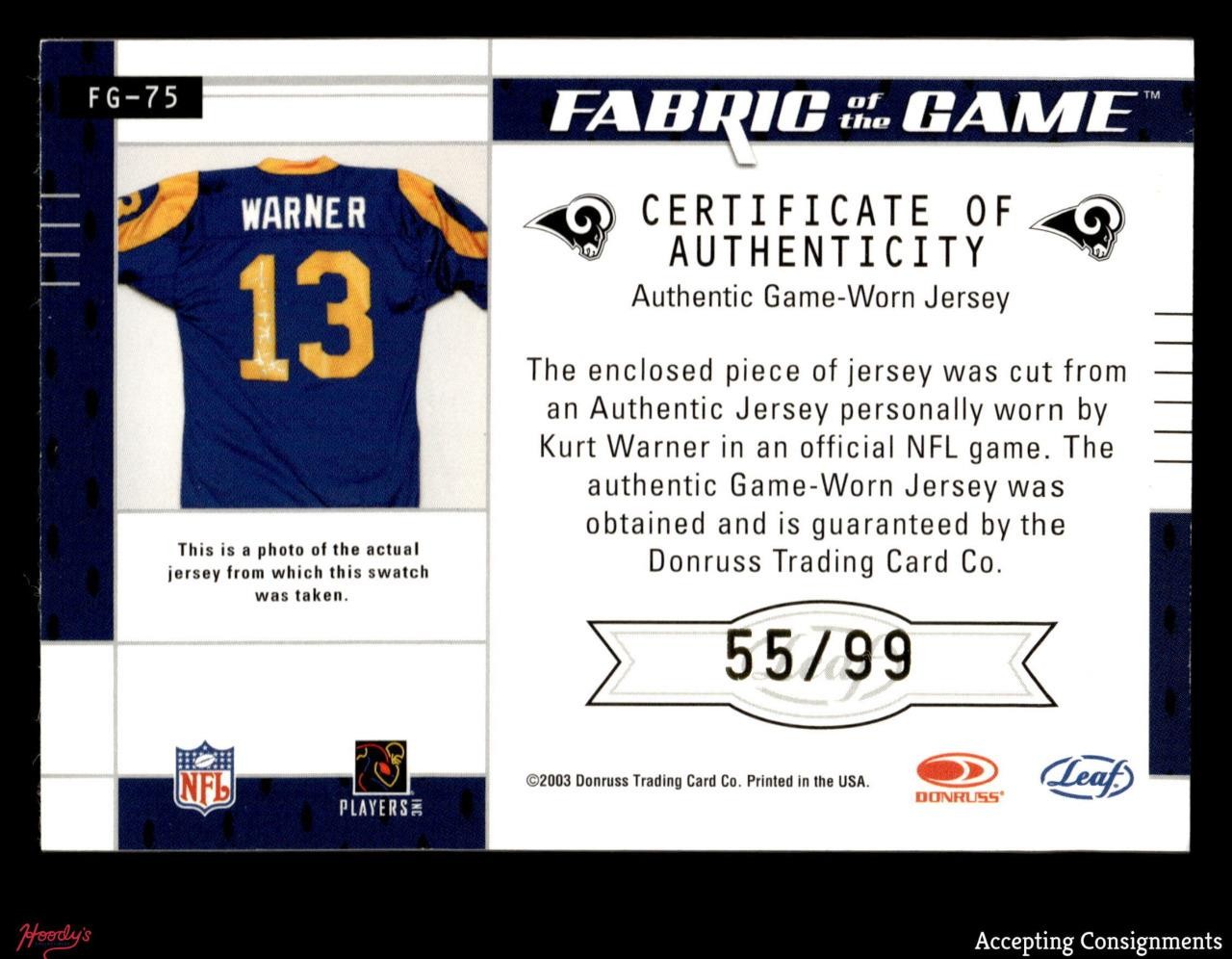 2003 Leaf Certified Materials Fabric of the Game Kurt Warner GAME USED PATCH /99 view 2