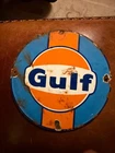 Vintage 6 Inch Gulf Gasoline Porcelain Sign - Orange Blue Logo Gas Station Sign