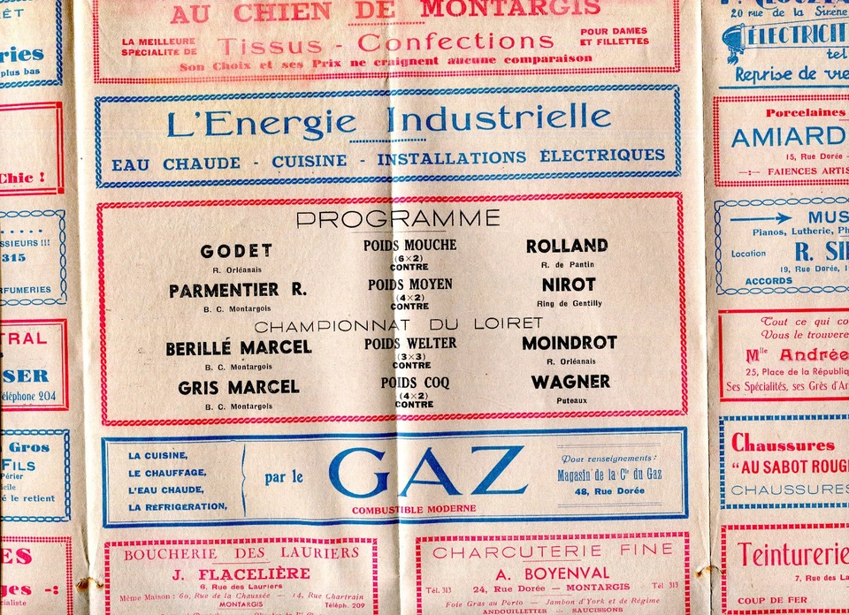 MONTARGIS Programme Championnet de Boxe du Loiret en 1938 Pubs diverses - Photo 2/3