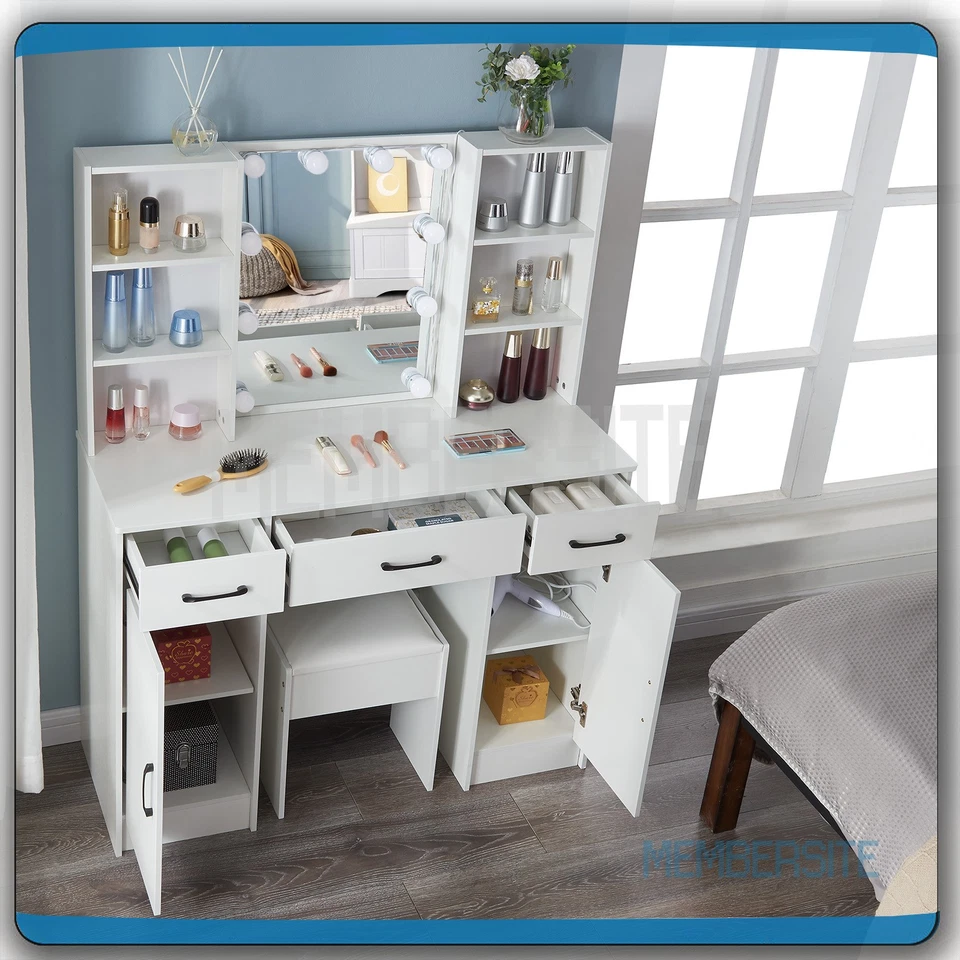Tocador de Maquillaje 100cm con Espejo Tocador con Taburete 5 Cajones 6 Estantes Foto 4 de 4