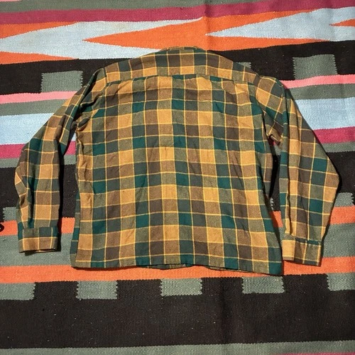 60s Long Sleeve Button Up Green Plaid Flannel Campus Wool Blend Size Large